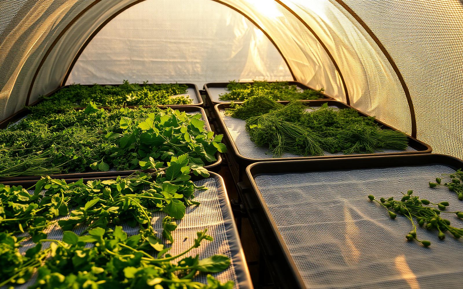 Herbs curing inside solar tunnel