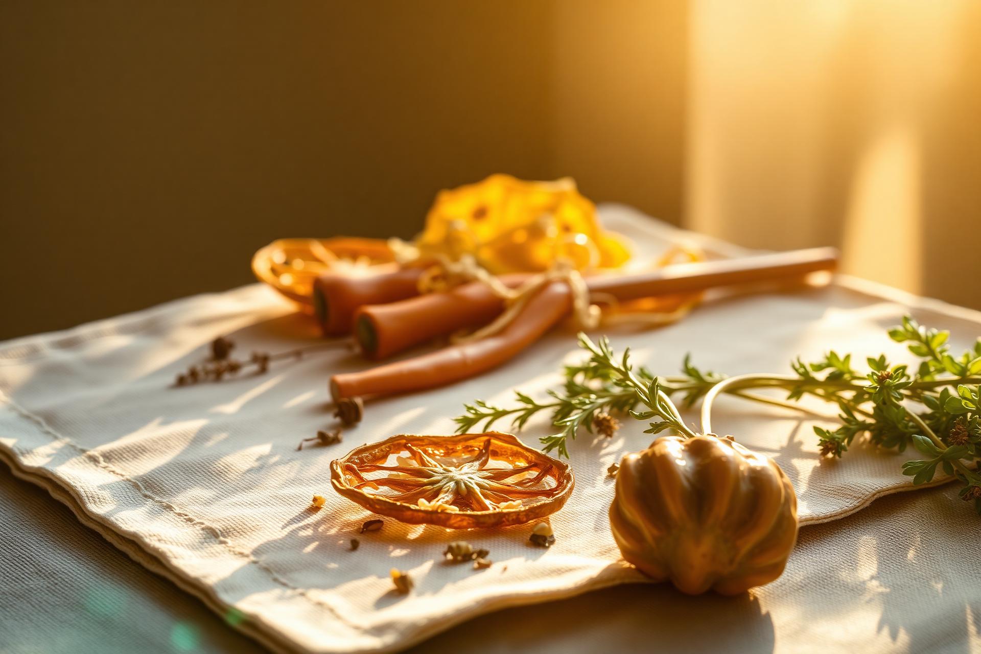 Solar-dried herbs and vegetables in warm sunlight